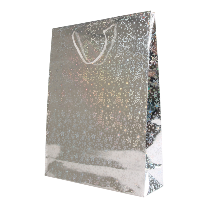 Draagtas Holografisch papier 26+(2x4)X38cm Stars Zilver 1