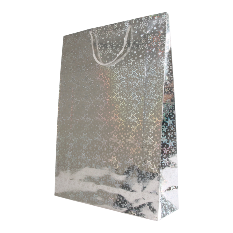 Draagtas Holografisch papier 32,5+(2x5)X44,5cm Stars Zilver 1