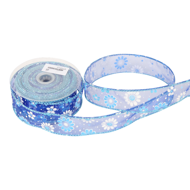 Luxe lint Organza 40mm Bloemen Blauw 1