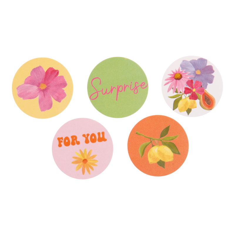 Etiket rond 40mm 5 bloemen dessins assorti 1